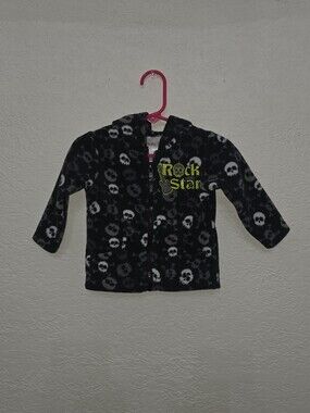Kidgets Black & White Skull Hooded Fleece Jacket with Neon Green 'Rock Star' 12m
